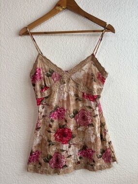 Y2K Bongo Floral Lace Trim Slip Dress Beige with Pink Roses Large